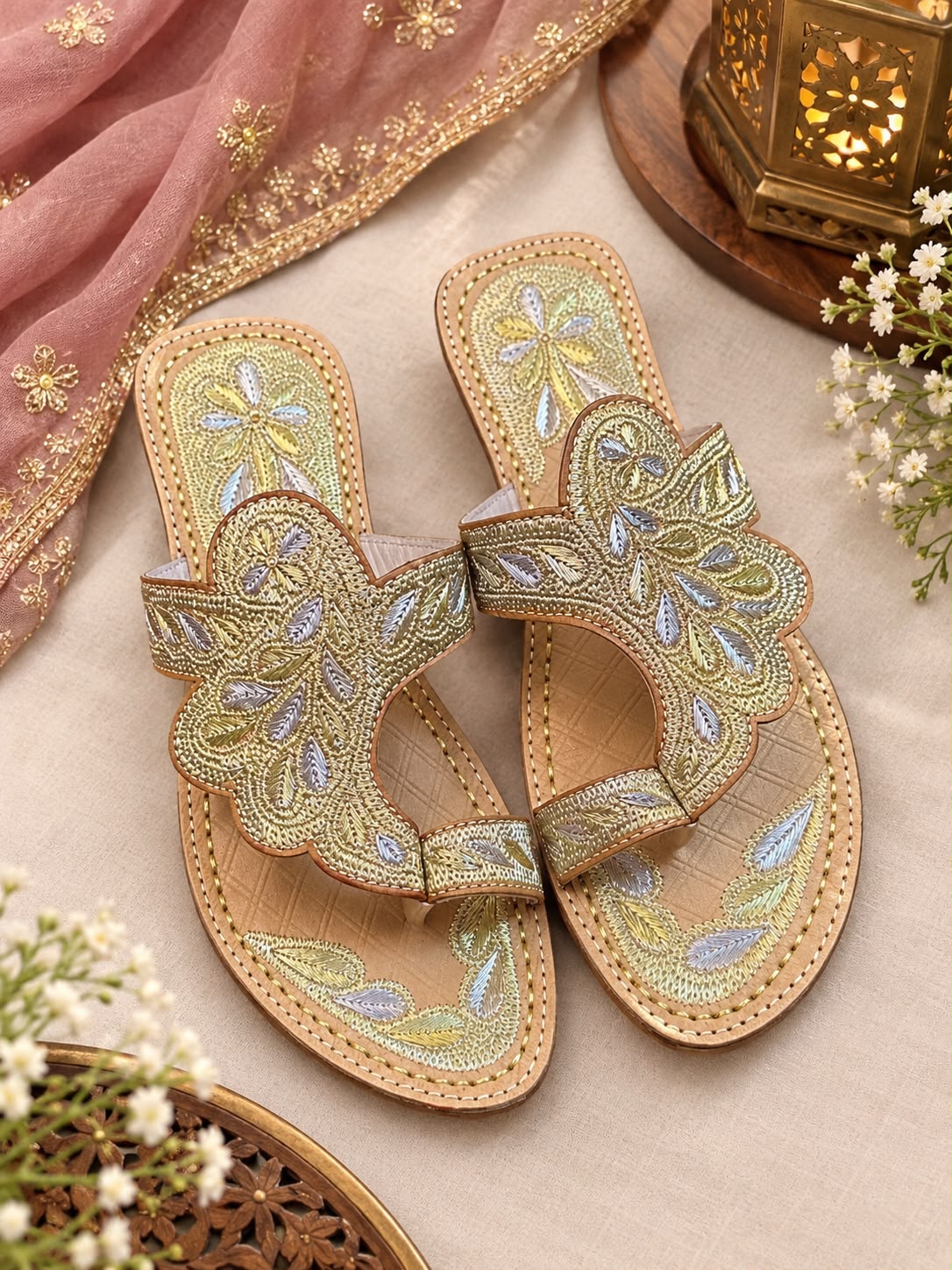 Golden Floral Embroidered Slip-On